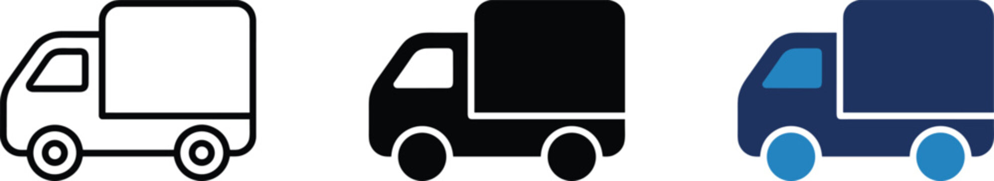 Delivery truck vector icon variants in black and blue rounded flat style, editable shipping and logistics symbol collection for ecommerce platforms and courier service branding