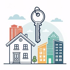 Obraz premium A colorful illustration of a house and buildings with a large key in front isolated on white background