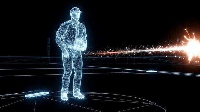 A digital wireframe representation of a baseball pitcher throwing a fastball. The baseball has a light trail effect, and the background is black.