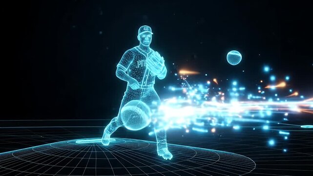 A digital wireframe animation of a baseball pitcher is shown throwing a fastball with a light trail effect. The pitcher is depicted in mid-throw against a black background with a grid.