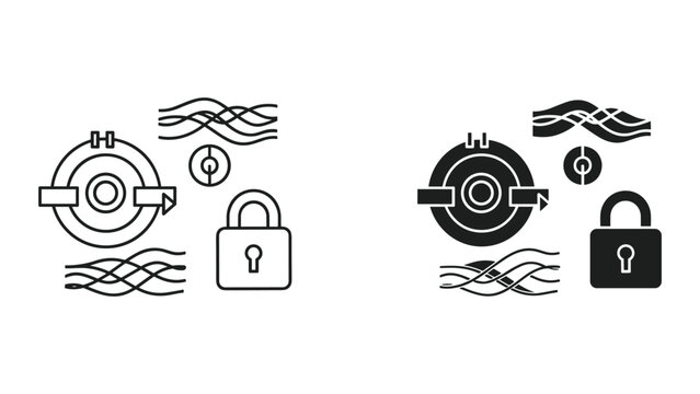 Black and white line icons of security symbols and waves on white background