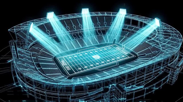 This video shows a digital wireframe video of an American football stadium, with bright stadium lights illuminating the field lines.