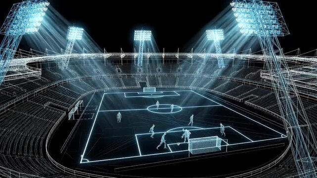 This video showcases a digital wireframe video of a stadium illuminated by bright stadium lights. Players are visible on the field, suggesting a game in progress.