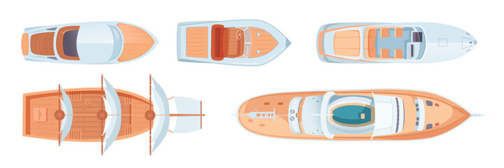 Naklejka premium Top view sea boats and ships set. Aerial view of various water transport. Water vessels. Carriage and maritime transportation. Vector illustrations collection.