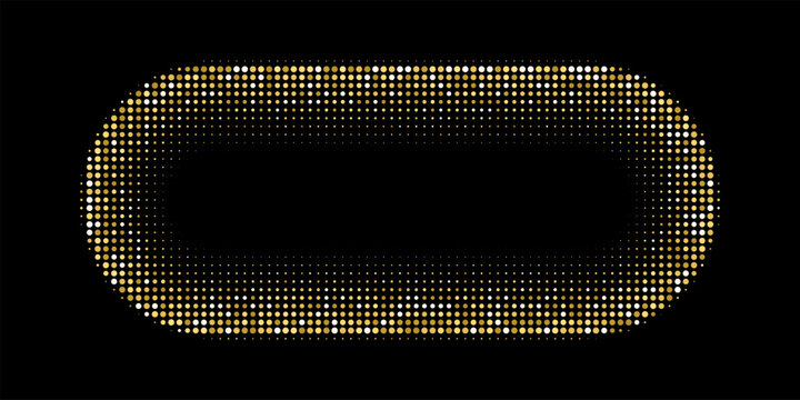 Halftone rectangular frame. Golden dotted pill shapes on black background with stipple texture and soft gradient density. Graphic element for modern layouts. Abstract vector illustration.