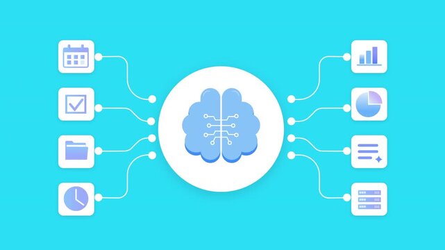 Animated AI workflow with a central brain connected to calendar and task icons, illustrating productivity management, data processing, and automated digital systems in a modern interface.