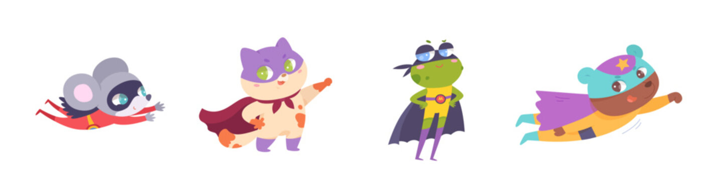 Superhero animals set. Cute funny zoo collection of bear, frog, mouse, cat. Strong superman characters with hero costume and masks. Cartoon vector illustration.