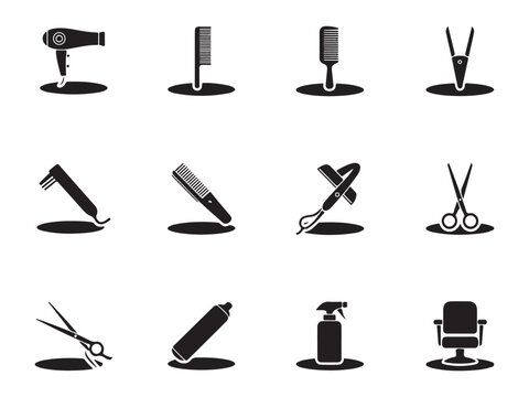Hair Styling Tools and Professional Barber Equipment Icon Set Vector