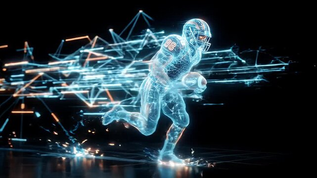 A digital wireframe video of an American football player is running with the ball. The glowing lines highlight the athlete's motion and the ball.