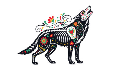 Obraz premium Artistic howling wolf silhouette decorated with colorful floral patterns and bone details inspired by traditional Mexican folk art.