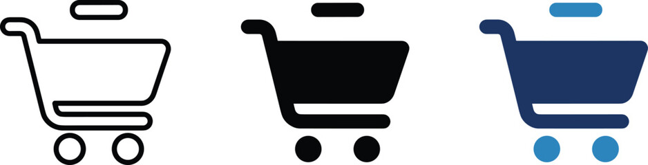 Shopping cart remove vector icon variants in black and blue flat style, editable ecommerce delete from cart symbol collection for online store apps and retail checkout interfaces © ArtMint