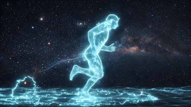 An athlete video as a blue wireframe silhouette is running on a wireframe grid, against a backdrop of a dark, starry sky with visible galaxies.