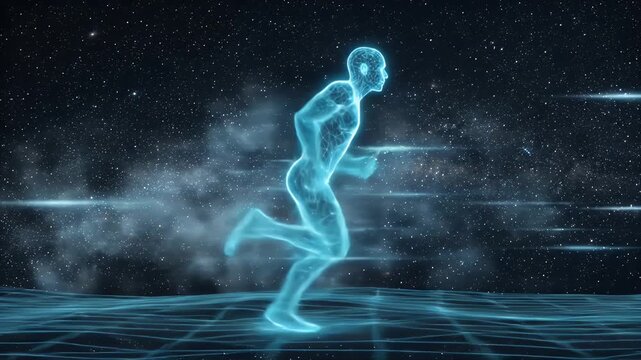 A wireframe silhouette of an athlete is running against a starry, dark background. The runner appears to be on a wireframe grid representing ground, with streaks of light enhancing the motion.