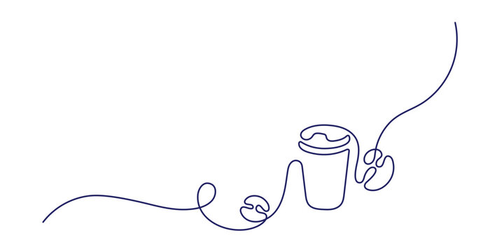 One line coffee mug sketch with aroma beans. Minimal illustration in continuous drawing style. Linear art for morning cafe, hospitality design, breakfast corner for menu card. Editable stroke