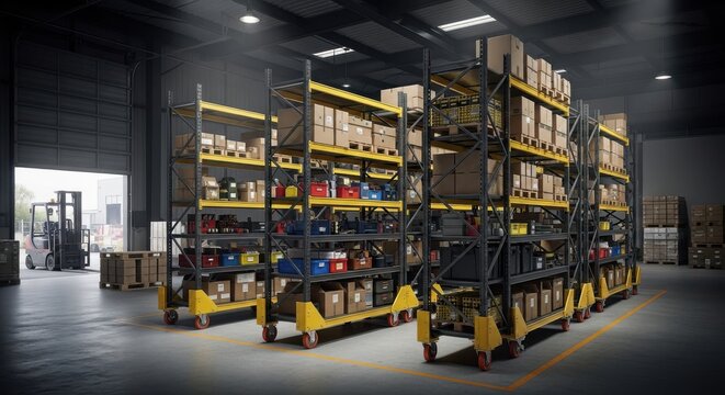 Industrial Mobile Shelving Units on Heavy Duty Casters in a Well-Lit Warehouse Facility