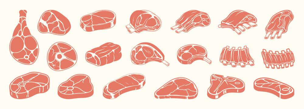 Collection of different raw beef meat cuts and steaks icons for butchery shop and restaurant menu