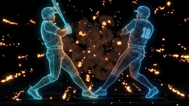 The video shows two wireframe baseball players swinging bats, with a fiery impact at the point of contact. The players are outlined in glowing blue and orange against a black background.
