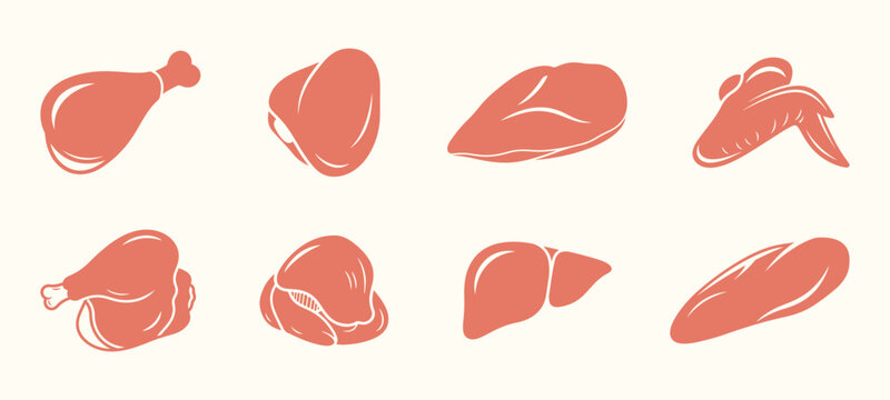 Set of raw chicken meat cuts icons including breast wing drumstick and thigh for culinary and food packaging design