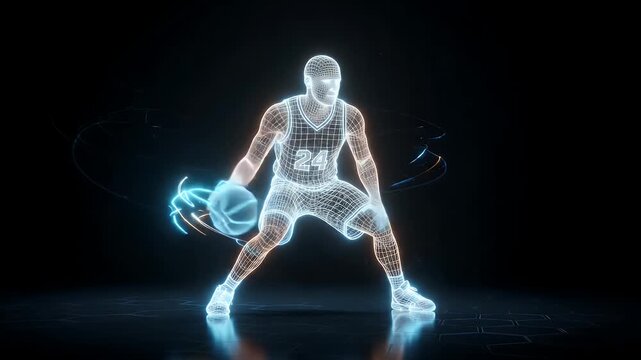 This video shows a futuristic, wireframe video of a basketball player in motion, dribbling the ball. Light streaks accentuate the crossover dribble motion against a dark background.