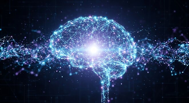 Digital Brain Network, AI and Neuroscience Concept, Glowing Particles