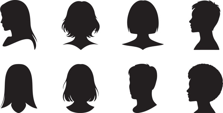 Collection of eight different human head silhouettes in various hairstyles and angles