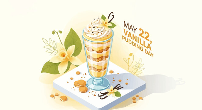 Isometric vector illustration of vanilla pudding dessert with whipped cream and flowers on a plate flat design