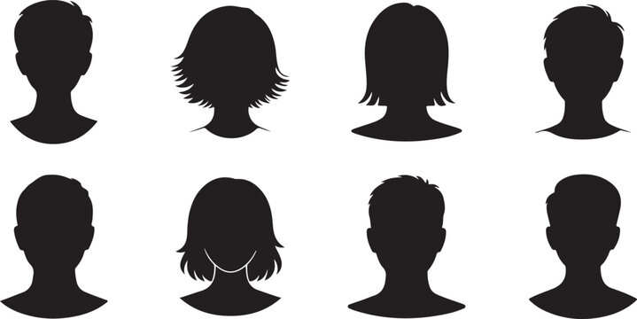 Set of eight silhouette profiles of people with various hairstyles facing forward