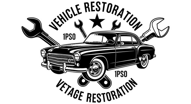 Vintage car restoration logo with tools and text on white background