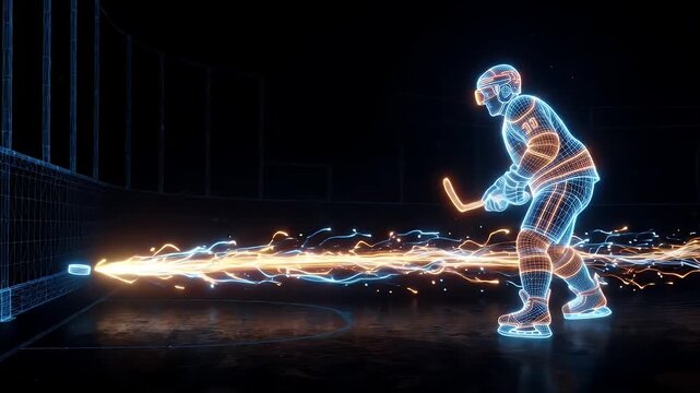 A digital wireframe hockey player is depicted in a dynamic shooting motion, hitting a puck. A glowing trail follows the puck across the dark background.