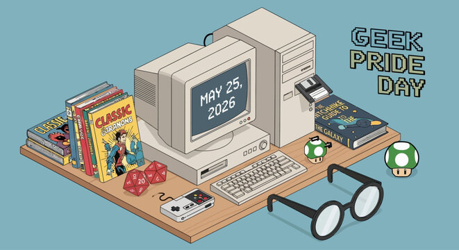 geek pride day celebration with retro computer setup vector illustration