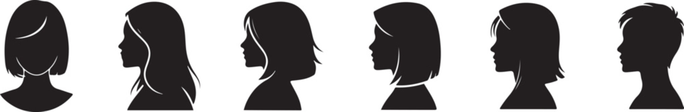 Set of six different black silhouettes of people looking to left side in profile