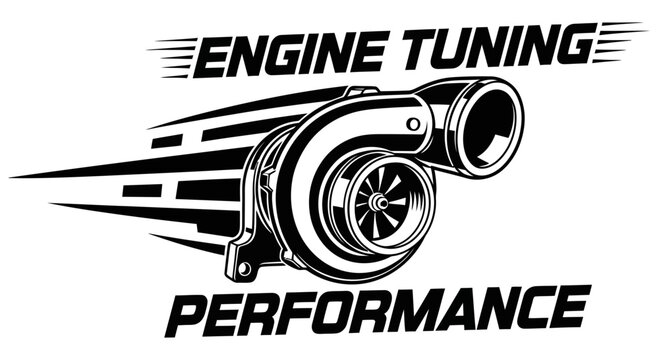 Engine tuning performance logo with turbocharger graphic and speed lines