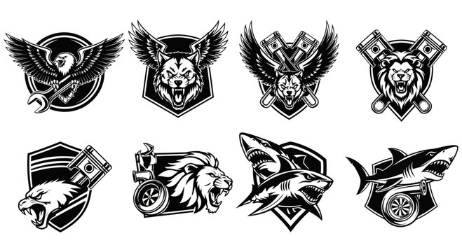 Various animal and fantasy logos with creative designs and symbols combined