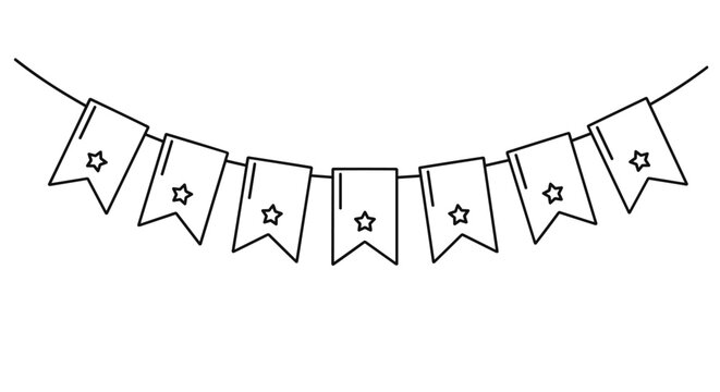 Decorative bunting flags featuring stars hanging on a string line in a black and white outline hand-drawn illustration style.
