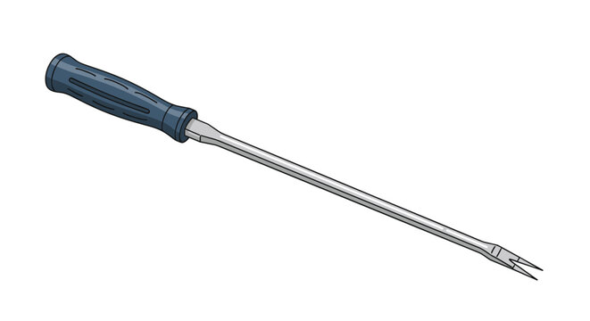 Long metal tool with two pointed tines and a dark blue ridged handle is shown in a three-dimensional perspective for technical or kitchen use.