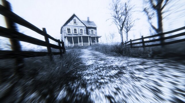 Black and white picture of abandoned haunted house with a fence in front of it. Motion blur effect.