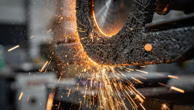 Medium closeup of abrasive cutoff wheel at work on casting tree detailed metal dust and wheel textures in focus outoffocus industrial backdrop.