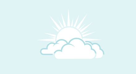 Fototapeta premium Minimalist white sun rising behind clouds on a light blue background for weather forecast or clean energy concepts.
