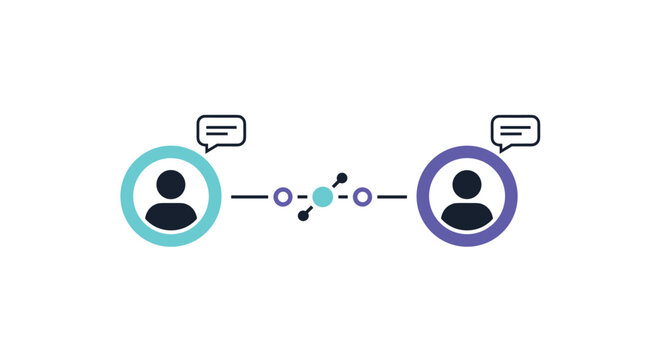 Communication icon showing two human profile silhouettes in circles connected by a network line with small speech bubbles.