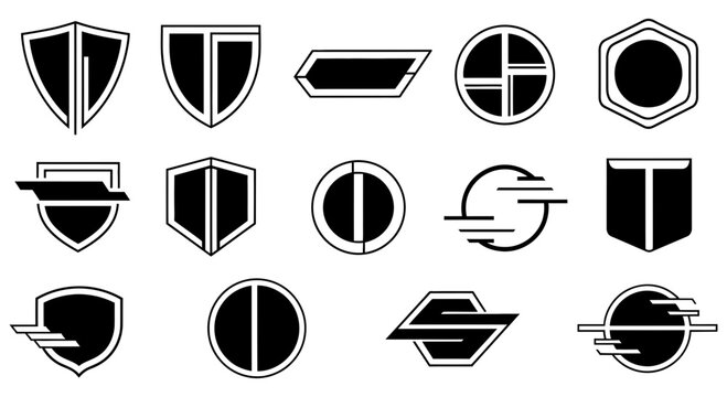 Various black and white shield and circle security icons with unique designs and symbols