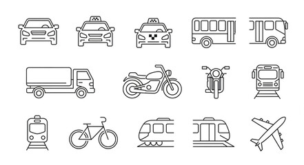 Collection of diverse transportation vehicle icons in a clean line art style. © so