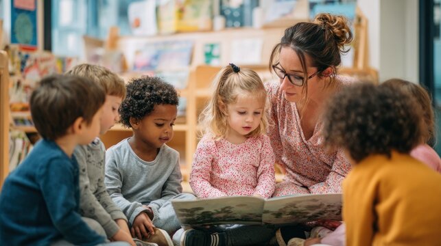 Teacher reading to preschool children in a bright classroom setting