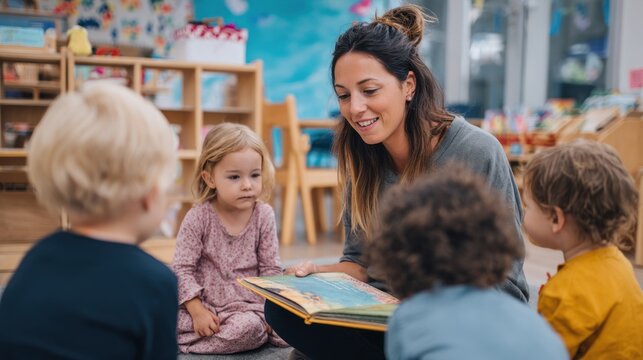 Teacher reads to children in bright classroom setting during storytime