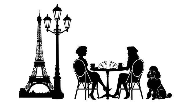 Silhouette of couple and dog sitting at Parisian cafe by Eiffel Tower and street lamp