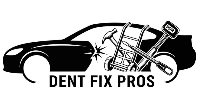 Emblematic logo featuring a car silhouette and specialized tools for professional paintless dent repair services.