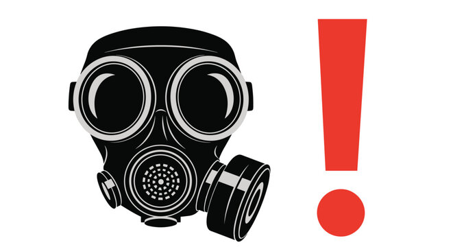 Protective black gas mask with dual filters sits next to a large red exclamation mark signifying danger or warning.