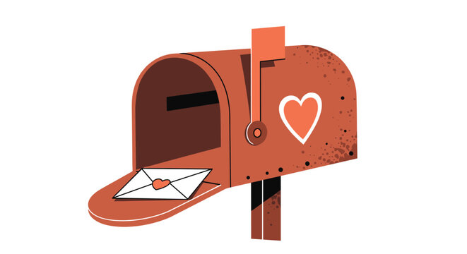 Rusty red mailbox with a white heart on the side containing a love letter for romantic correspondence and Valentine's Day themes.