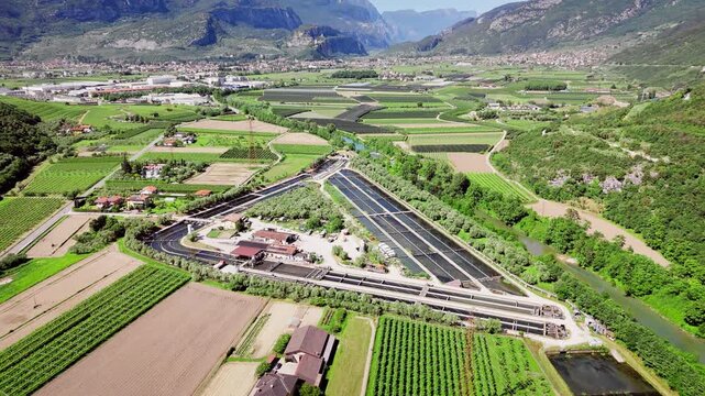 Aquaculture fish farm with rectangular water basins near Torbole, aerial view. Freshwater farming and local food production in Italy