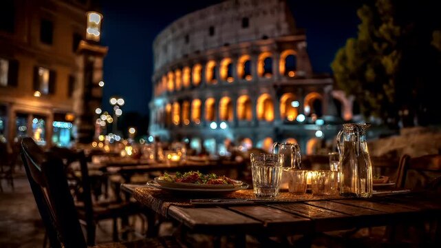 Outdoor caf bar restaurant. A nighttime scene of an outdoor dining area with a view of the Colosseum in the background. The Colossion is illuminated with warm, amber lights.