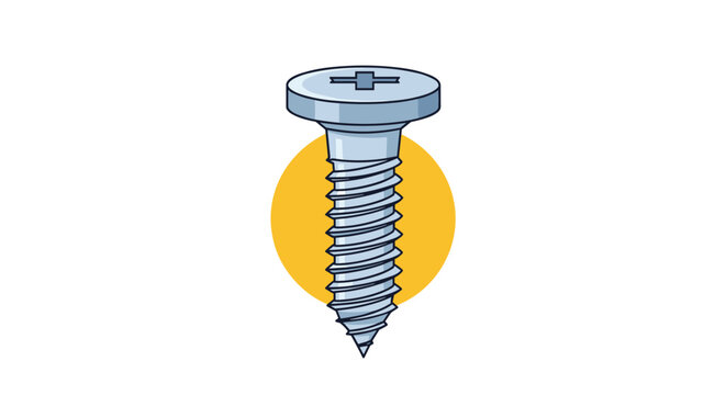 Metal phillips head screw against a yellow circular background representing essential hardware, construction, and diy components.